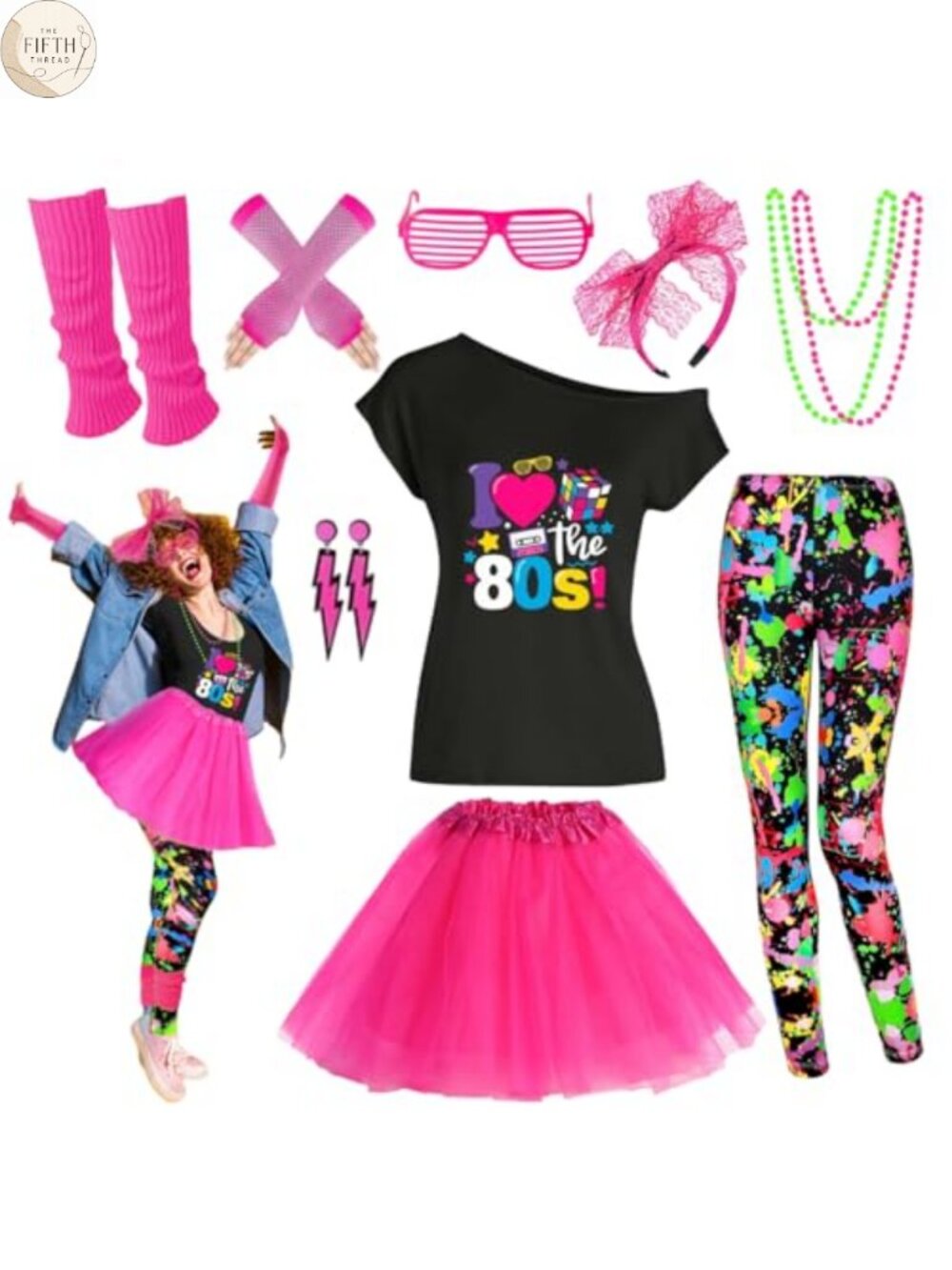 80s Costume Accessory Set T-Shirt Shorts Tutu Leg Warmers Headband Party